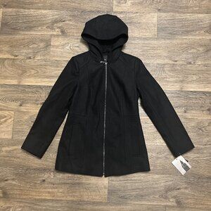 NEW London Fog Hooded Wool Blend Zipper Coat Black Size Small NWT